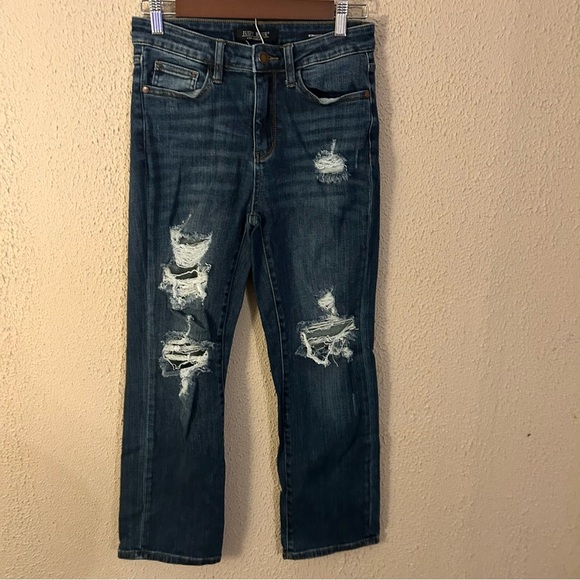 Judy Blue Denim - Judy Blue Distressed Straight Leg 7/28 Distressed Jeans Casual Denim Indigo